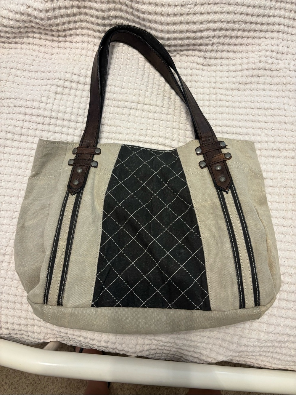 Mona B Black Quilted-Panel Canvas Tote with Brown Handles